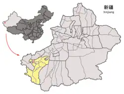 Location of Shule County (red) within Kashgar Prefecture (yellow) and Xinjiang