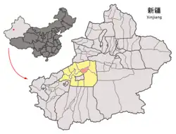 Location of Toksu County (red) within Aksu Prefecture (yellow) and Xinjiang