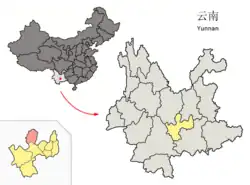 Location of Yimen County (pink) and Yuxi City (yellow) within Yunnan