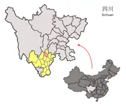 Location of Yuexi County (red) within Liangshan Prefecture (yellow) and Sichuan