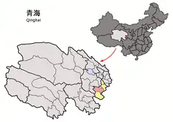 Zêkog County (light red) within Huangnan Prefecture (yellow) and Qinghai