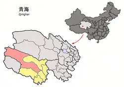 Location of Zhidoi County (red) within Yushu Prefecture (yellow) and Qinghai