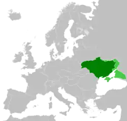 Territories controlled (dark green) and claimed (light green) by the Ukrainian State