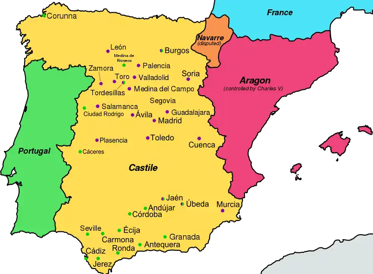 Map of Spain with cities colored by affiliation; see text for details.