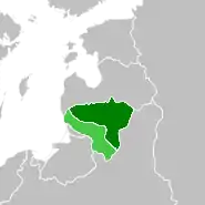 Map of the Lithuanian Soviet Socialist Republic in 1919, with uncontrolled territory shown in light green.