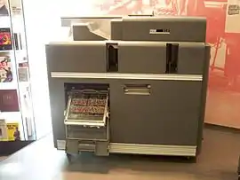 An IBM 519 reproducing punch with plugboard control panel open (it would be closed during operation).