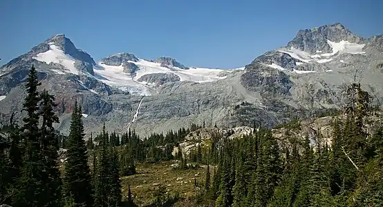 Locomotive, Tender, Caboose above Train Glacier. Face Mountain (right)