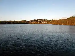 A lake with houses and a church on the far side