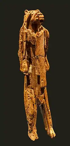 Löwenmensch figurine, from Hohlenstein-Stadel, Germany, now in Ulmer Museum, Ulm, Germany, possibly the oldest undisputed statuette.  Aurignacian era, 40,000 BC-35,000 BC