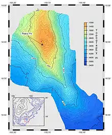 Map of a north–south ridge, trending slightly east of south. Draws lines through areas of a given water depth with an arrow pointing to Pele's Pit. At its peak, Pele's pit is about 1,000 meters below sea level; further south the ridge gradually descends about 3,500 metres to the sea floor.