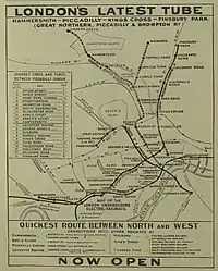 A map, with a title "London's Latest Tube", shows the route and stations of the new Piccadilly Tube route showing it as a thick heavy line with other Underground routes in thinner lines.