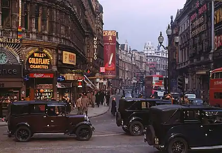 Image 2Piccadilly CircusPhoto credit: Chalmers ButterfieldShaftesbury Avenue from Piccadilly Circus, in the West End of London, c. 1949. The Circus, a famous traffic intersection and public space in the City of Westminster was built in 1819 to connect Regent Street with the major shopping street of Piccadilly. Its status as a major traffic intersection has made it a busy meeting point and a tourist attraction in its own right.More featured pictures