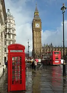 Image 8Three cultural icons of London: a K2 red telephone box, Big Ben and a red double-decker bus (from Culture of London)