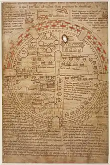 A 12th century diagram of Jerusalem and the Holy Land with the city in a round shape