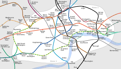 Diagram containing several differently-coloured lines connecting nodes that are small hollow black circles. The lines and stations are at geographically accurate positions, with the curved lines drawn more flexibly than on the traditional Tube map. The river is also included, represented as a geographically accurate light blue strip. This map is arguably harder to read.