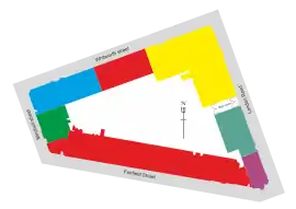 A plan graphically illustrating the layout of the uses of the building discussed in the text.