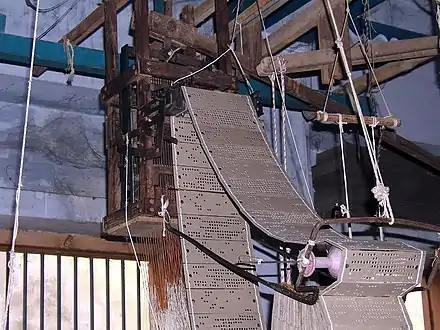 Punched card loom mechanism in silk-weaving workshop; Varanasi, Uttar Pradesh, India