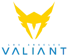 The logo for the Los Angeles Valiant features a golden-winged helmet that forms a 'V' using negative space.