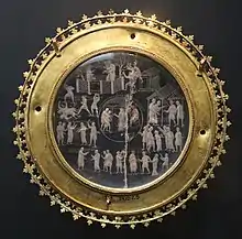 Engraved crystal in a metal frame