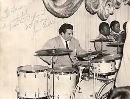 Louis Bellson, 1952, using tilted cymbals secured with upper felts and wingnuts