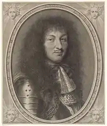 Black-and-white portrait of a middle-aged man with long, dark hair, a small moustache and a big nose, wearing armour.