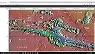 Labeled view of part of Valles Marineris. Colors indicate elevation. The Louros Valles are in the middle left of the image.