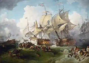 British depiction: Lord Howe's action, or the Glorious First of June, by Loutherbourg - the Vengeur du Peuple is sinking in the left foreground.