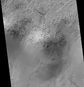 Lowell Crater Northeast Rim, as seen by HiRISE.  Crater floor is toward the bottom of picture.