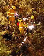 Firefighters lowering a Stokes basket down a hill