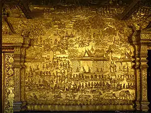 Image 6Luang Prabang, Wat Mai, gilded wood bas relief scenes from the Prince Vessantara Jataka. (from Culture of Laos)