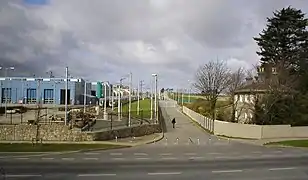 The new Sandyford Luas depot on the left & the old Stillorgan Station building, now a private residence, on the right. The line ran through the centre of the picture