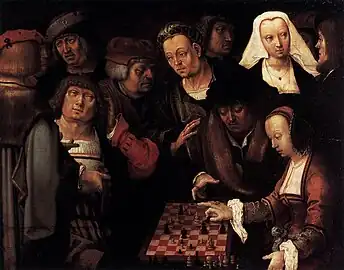 Image 27Lucas van Leyden, c. 1508, The Game of Chess, oil on oak, 27 x 35 cm, Gemäldegalerie, Berlin (from Chess in the arts)