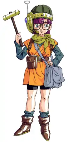 Lucca Ashtear's design has fair skin and purple hair. She wears glasses, a technologically advanced helmet, a tunic, an undershirt, shorts, socks, boots, a scarf, and multiple bags. She wields a hammer as a weapon