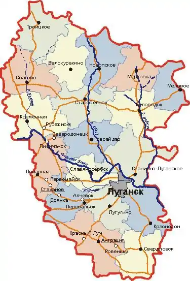 Map of the administrative subdivisions of the Luhansk Oblast.