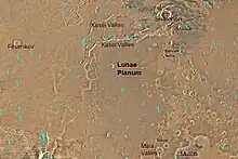 Map of Lunae Palus with labels.   Kasei Valles is a very large ancient river valley.