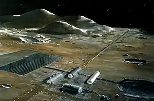 A NASA lunar base concept with a mass driver (the long structure that extends toward the horizon)