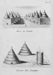 Image 53A drawing of Lunda houses by a Portuguese visitor. The size of the doorways relative to the building emphasizes the scale of the buildings. (from Zambia)