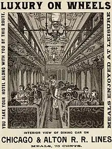 Drawing of meals being served in a dining car