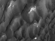 Lyot crater dunes, as seen by HiRISE.  Click on image to see light toned deposits and dust devil tracks.