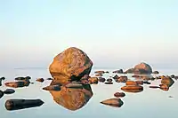 Glacial boulders with Mohni island appearing in the skyline