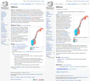 Nynorsk [nn] (left) and Bokmål/Riksmål [nb] editions of Wikipedia side-by-side