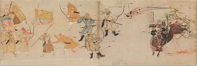 Ancient drawing depicting a samurai battling forces of the Mongol Empire