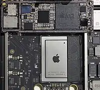 M1 (APL1102) on a  Mac mini (M1, 2020) (model 9,1) logic board, compared with A13 SoC on an iPhone 11 CPU board