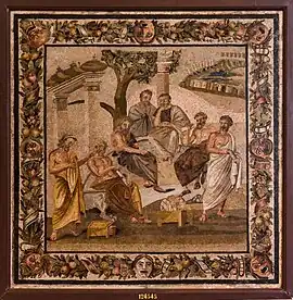 Mosaic: seven men standing under a tree