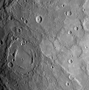 Image 62A MESSENGER image from 18,000 km showing a region about 500 km across (2008) (from Space exploration)