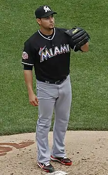 Aníbal Sánchez of the Miami Marlins, standing on the pitcher's mound