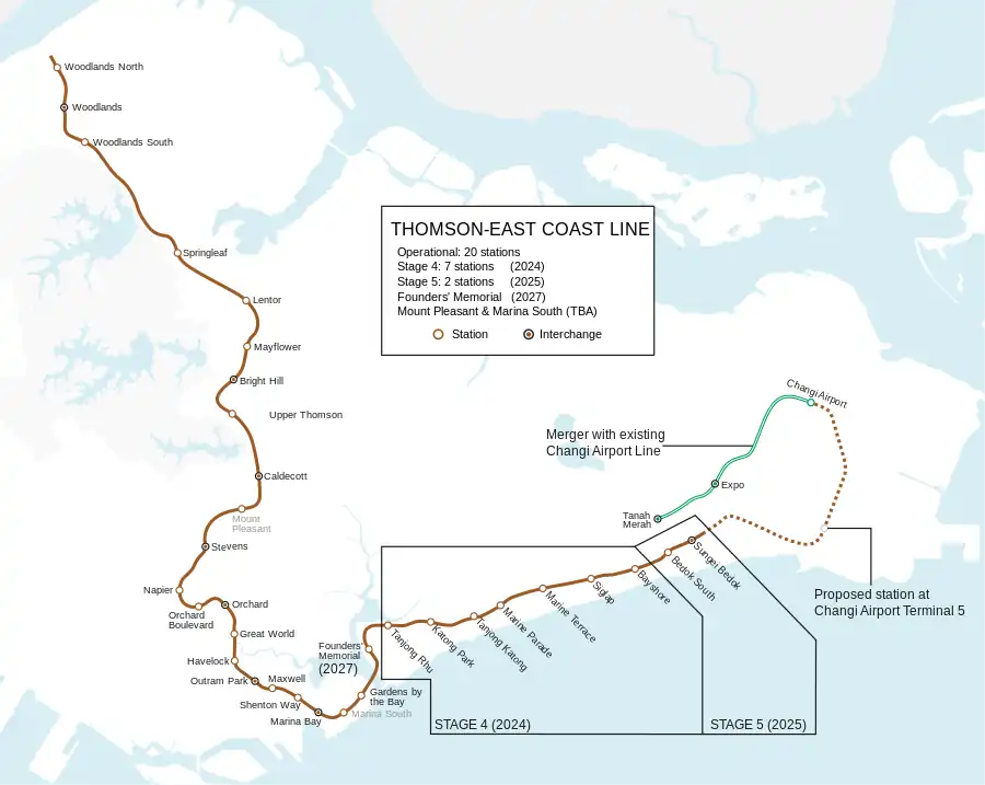 Geographically accurate map of the Thomson–East Coast MRT line, coloured in brown.