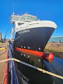 MV Glen Sannox docked at Ferguson Marine Shipyard in March 2023