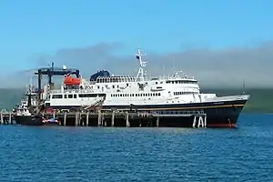 M/V Tustumena, docked at the False Pass city port.