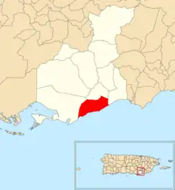 Location of Machete within the municipality of Guayama shown in red